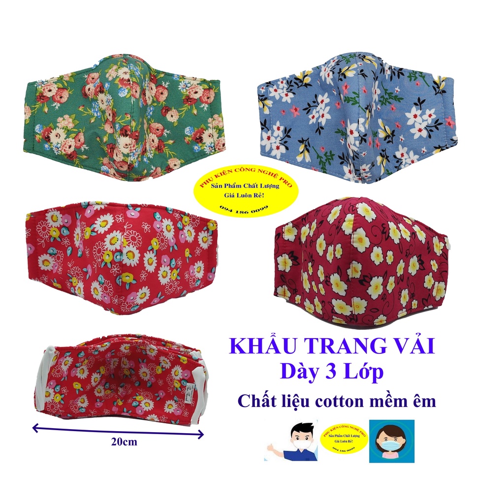 Khẩu trang vải nữ Chất liệu vải cotton Dày 3 lớp In hình Hoa lá các loại, Chống nắng, Chống bụi, Bảo vệ sức khỏe