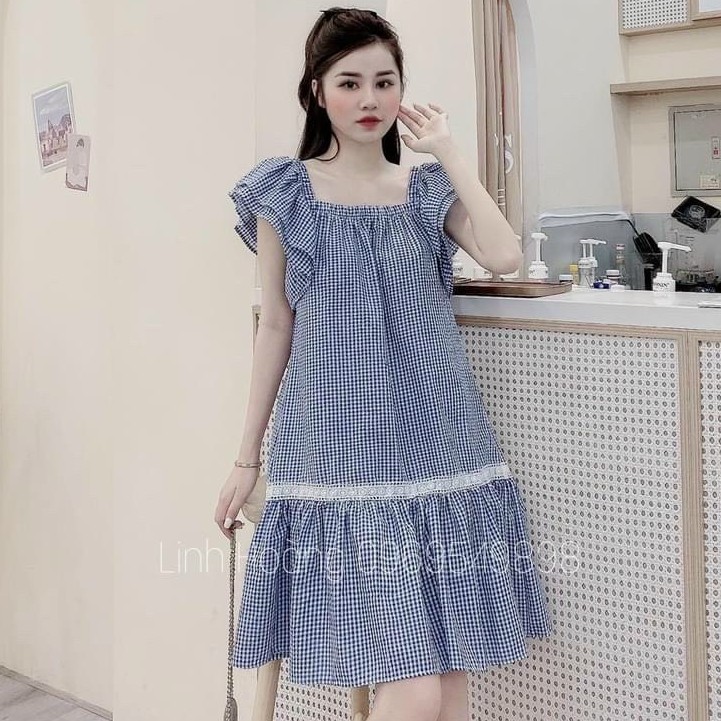 Đầm Kẻ Xanh Cánh Tiên Phối Ren | BigBuy360 - bigbuy360.vn