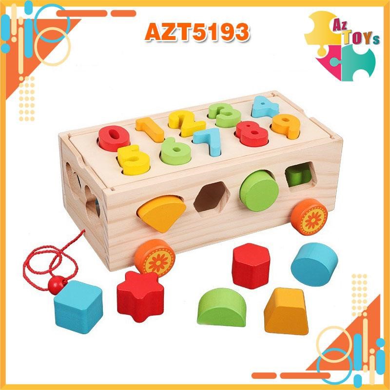 Đồ Chơi Gỗ Xe Kéo Thả Hình Ghép Số Montessori 2 Trong 1 Cho Bé – AZT5193