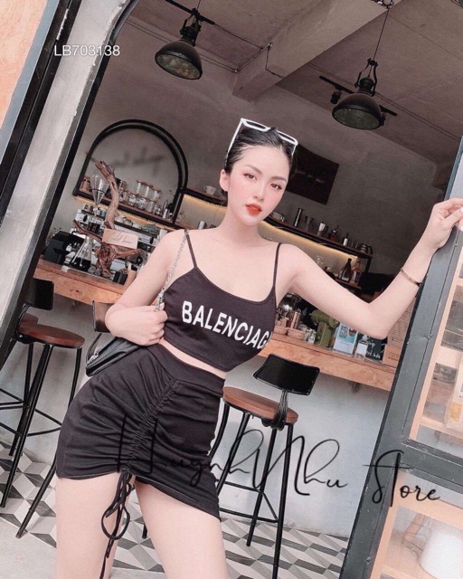 Set áo thun croptop chữ 2 dây + chân váy rút dây
