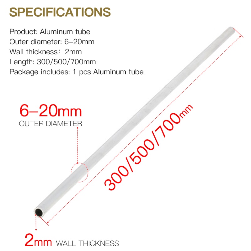 Ống Hợp Kim Nhôm Thẳng Dày 2mm 300mm 500mm 700mm Dài 6 7 8 9 10 12 13 14 15 16 18 20 OD Đường Kính Ngoài 1 / 2 Mét