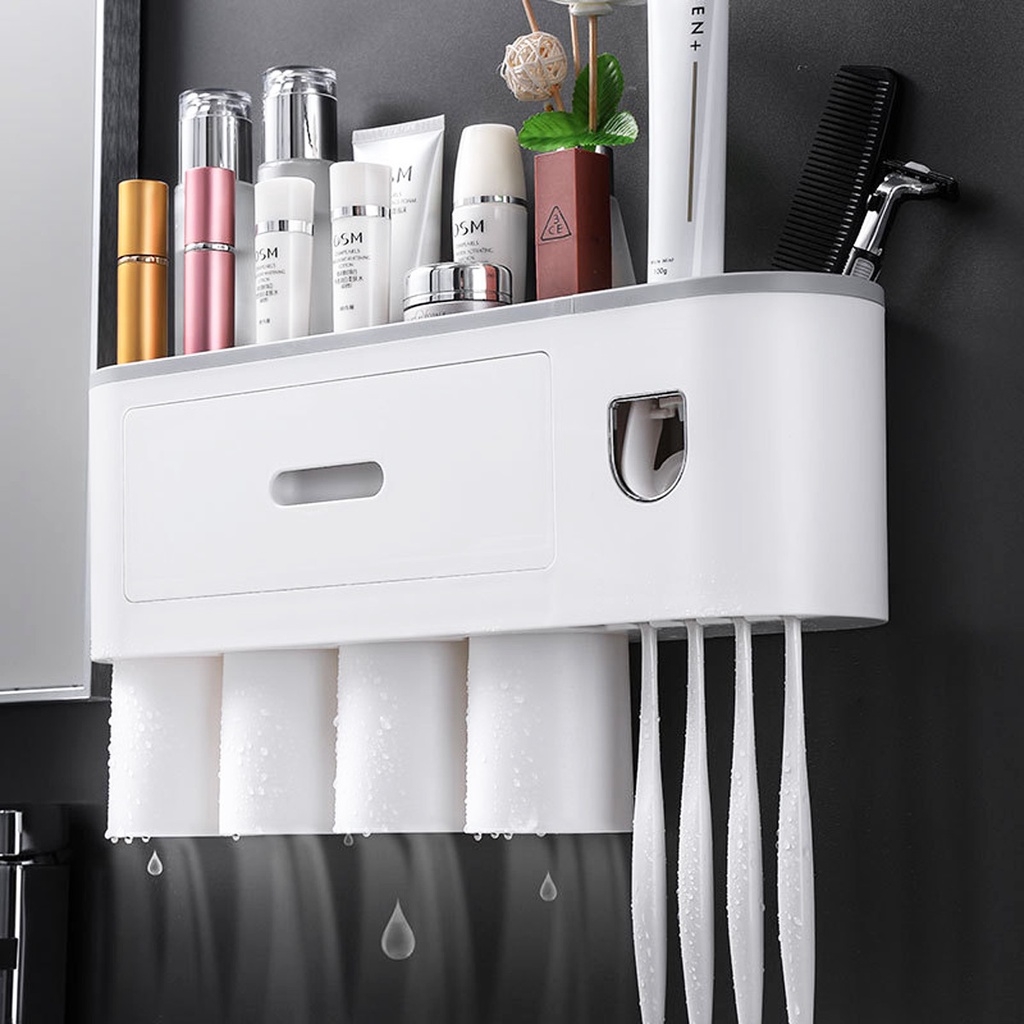 Bộ sản phẩm kệ dán phòng tắm I 2, 3 , 4 cốc Trắng kết hợp nhả kem đánh răng tiện lợi, sạch sẽ màu trắng xám