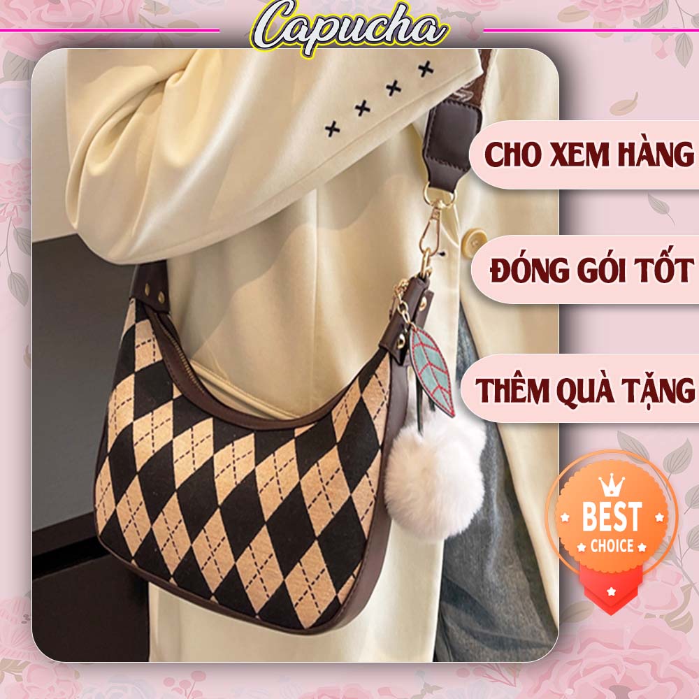 Túi xách nữ đeo vai chất vải dạ họa tiết quả trám cực chất Capucha T46