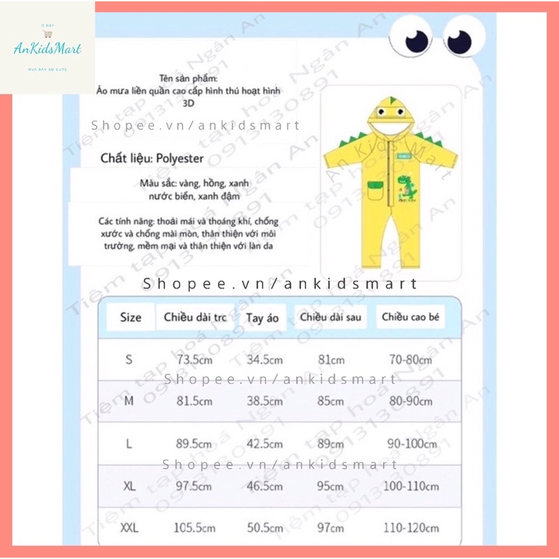 Bộ áo mưa liền quần cao cấp cho bé hình khủng long hoạt hình cực ngộ nghĩnh dễ thương