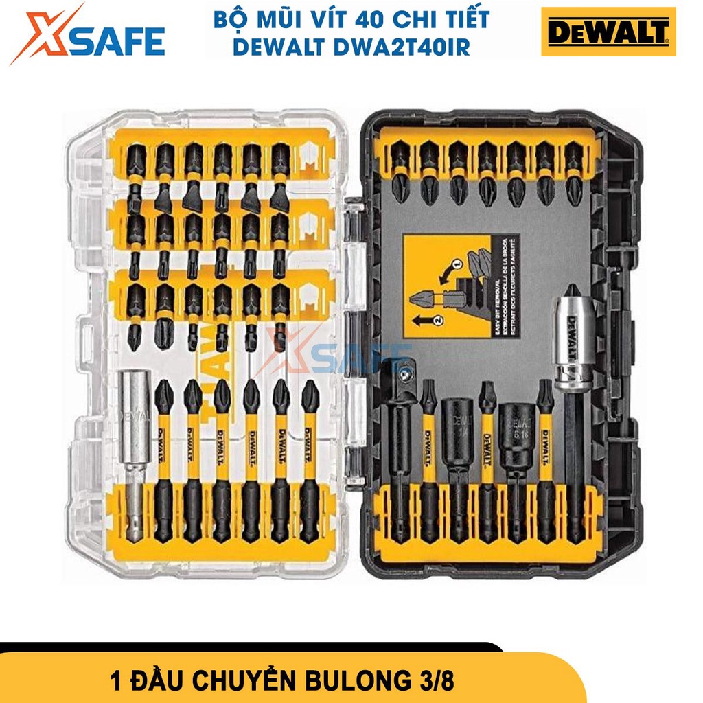 Bộ mũi vít 40 chi tiết Dewalt DWA2T40IR gồm 40 mũi vít hỗ trợ bắt nối vít có từ, chất liệu thép Cr-mo cứng rắn