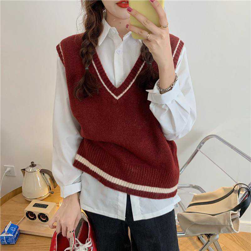 Áo Sweater Dệt Kim Cổ Chữ V Dáng Rộng Màu Sắc Tương Phản Thời Trang Thu Đông Cho Nữ