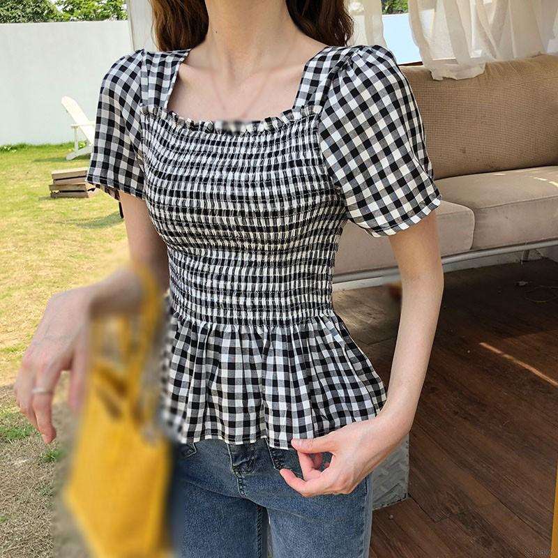 [Mã FAMAYWA giảm 10K đơn 50K] Áo Kiểu Tay Ngắn Cổ Vuông Hoạ Tiết Kẻ Sọc Phong Cách Hàn Quốc | BigBuy360 - bigbuy360.vn