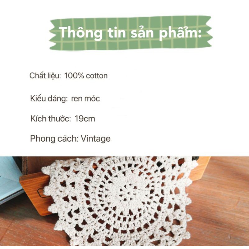 RC/Tấm lót ly tách bình hoa ren móc thủ công vintage phòng cách châu âu 100% cotton trang trí decor phòng bếp retro Âu