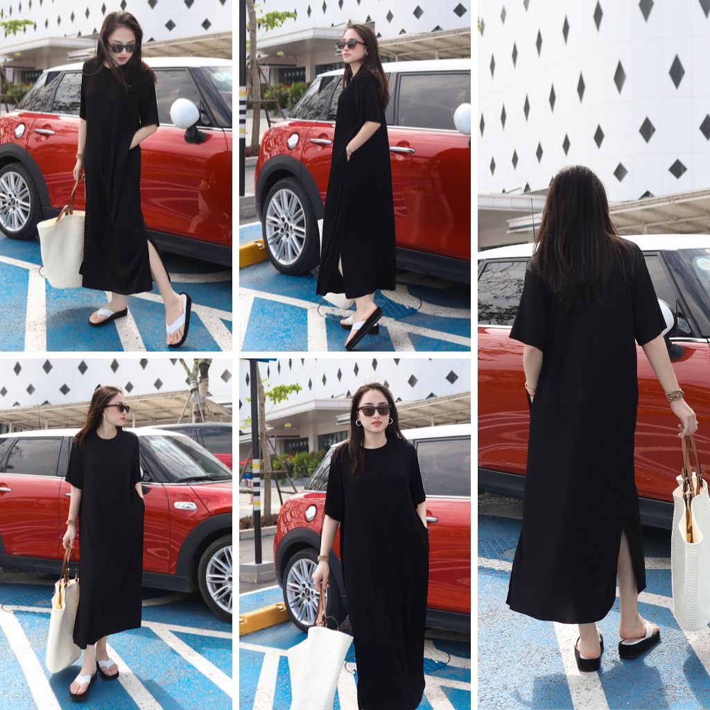 Váy cotton li gân cao cấp, Đầm phom suông dài che khuyết điểm,  cỏ xẻ tà 2 bên Macs Alway Dress