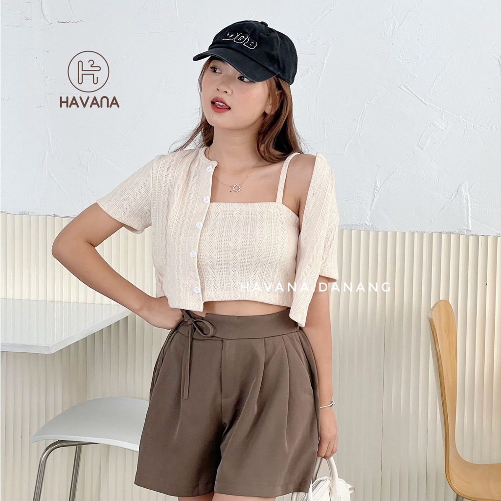 Áo croptop ngắn tay kèm hai dây bên trong, set áo len họa tiết cúc hoa AE237