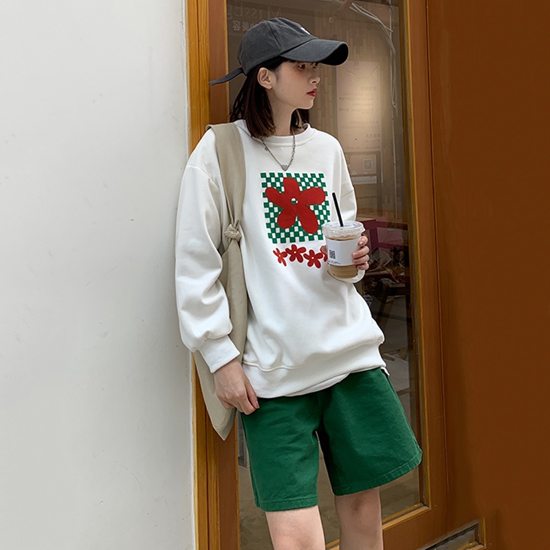 【ZHELIHANGFEI】Áo Thun Nỉ Tay Dài Dáng Rộng In Hoa Phối Họa Tiết Ván Trượt Dễ Phối Đồ