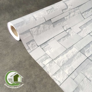 Giấy dán tường giả đá chẻ 3d màu trắng xám - [ 50cm x khổ 90cm ] - có sẵn keo