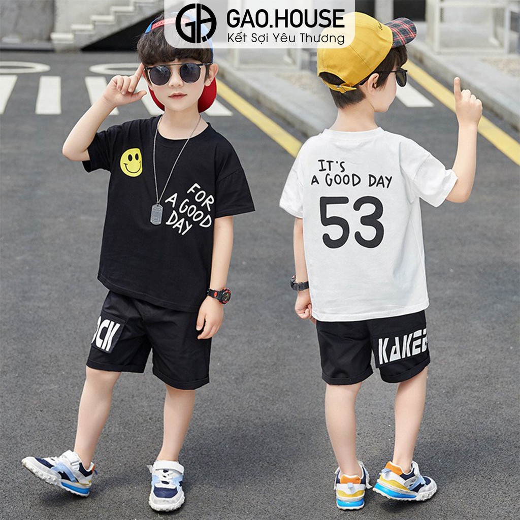 Bộ quần áo thun bé trai Gạo House cotton 4 chiều cổ tròn cộc tay For a good day T33