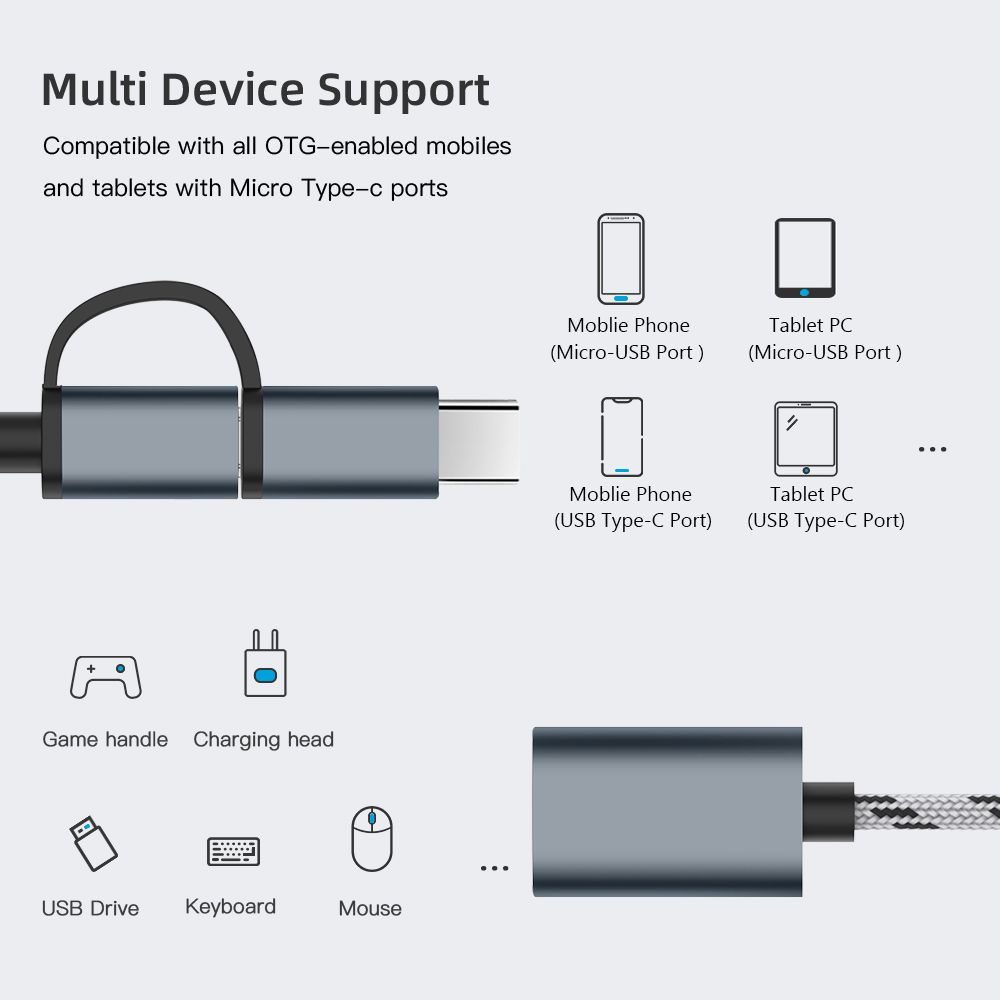 Dây cáp OTG 2 trong 1 chuyển đổi Micro USB/Type-C sang USB 3.0 cho điện thoại/máy tính bảng