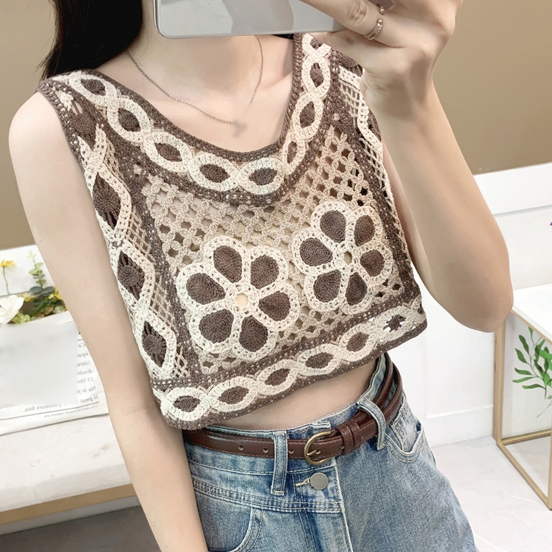 Áo Croptop Dệt Kim Dáng Rộng Họa Tiết Hình Học Phong Cách Vintage Cho Nữ