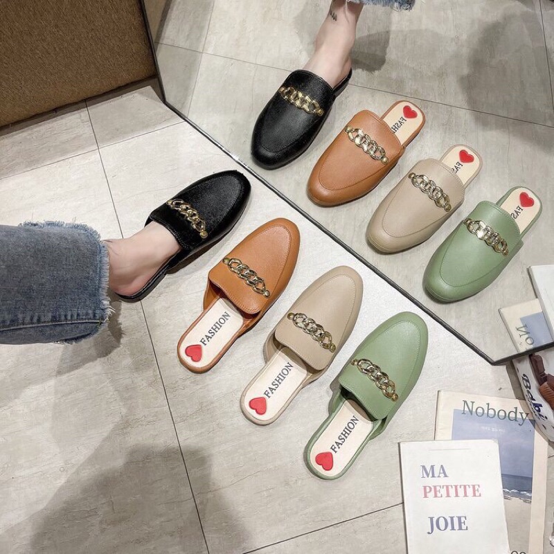 Dép sục nữ thời trang gắn xích 3 màu đen,kem,cam