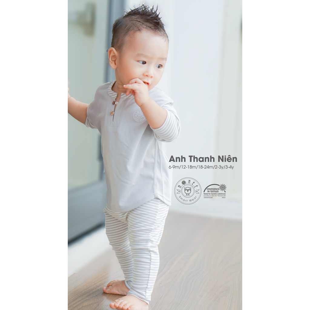 [CHÍNH HÃNG] Bộ dài tay trẻ em cổ trụ raglan phối kẻ Hrnee