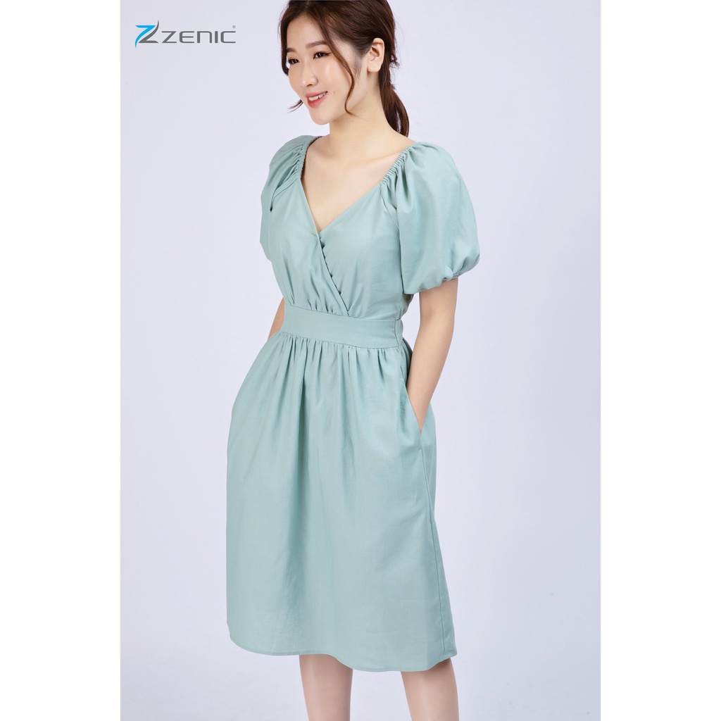 Đầm suông Linen nữ tay ngắn bồng cổ V thắt đai eo 65114 – ZENIC