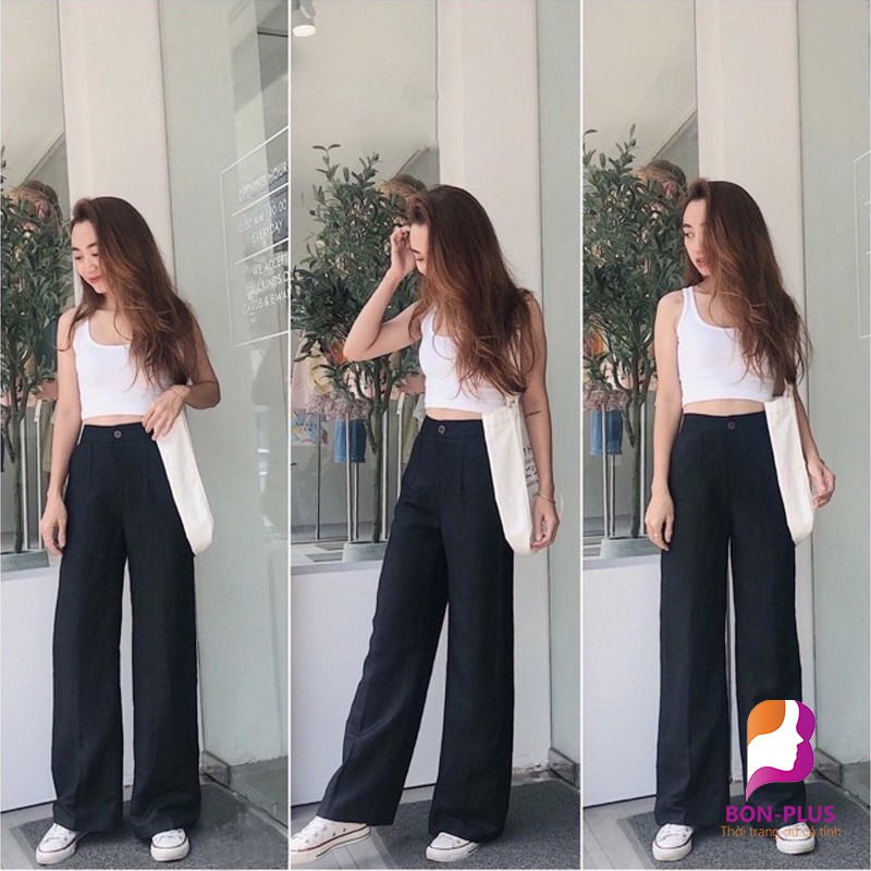 Quần đũi ống rộng nữ lưng cao khóa thật lưng chun - Ống dài 100cm - Quần đũi Trắng Đen và Kem - Dáng đứng cực xinh | BigBuy360 - bigbuy360.vn