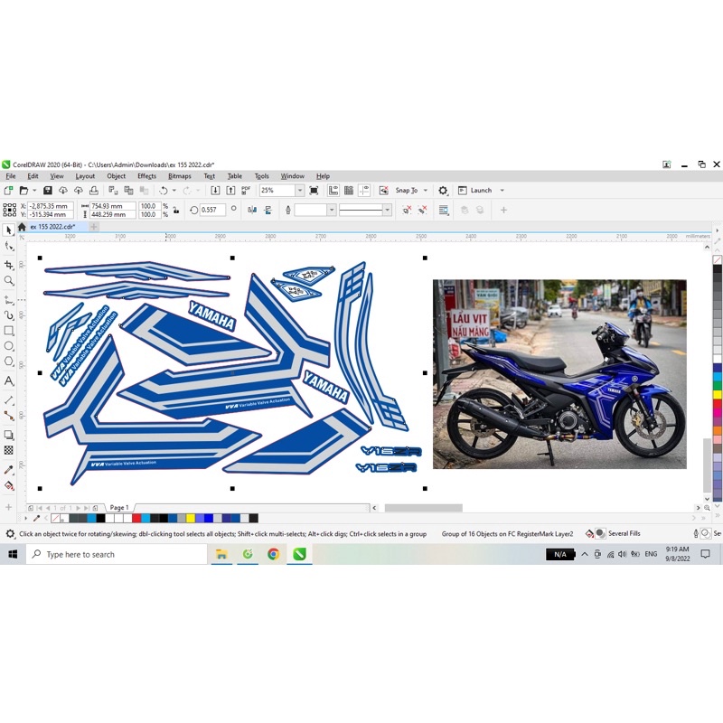Tem rời Exciter 155 xanh GP ,Y16ZR xanh GP Tem rời Ex 155 đẹp ( đổi màu theo yêu cầu )