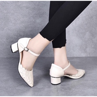 Giày cao gót nữ đế vuông thêu vi tính cao cấp đế cao 5 phân, giày sandal 5 phân bít mũi bít gót