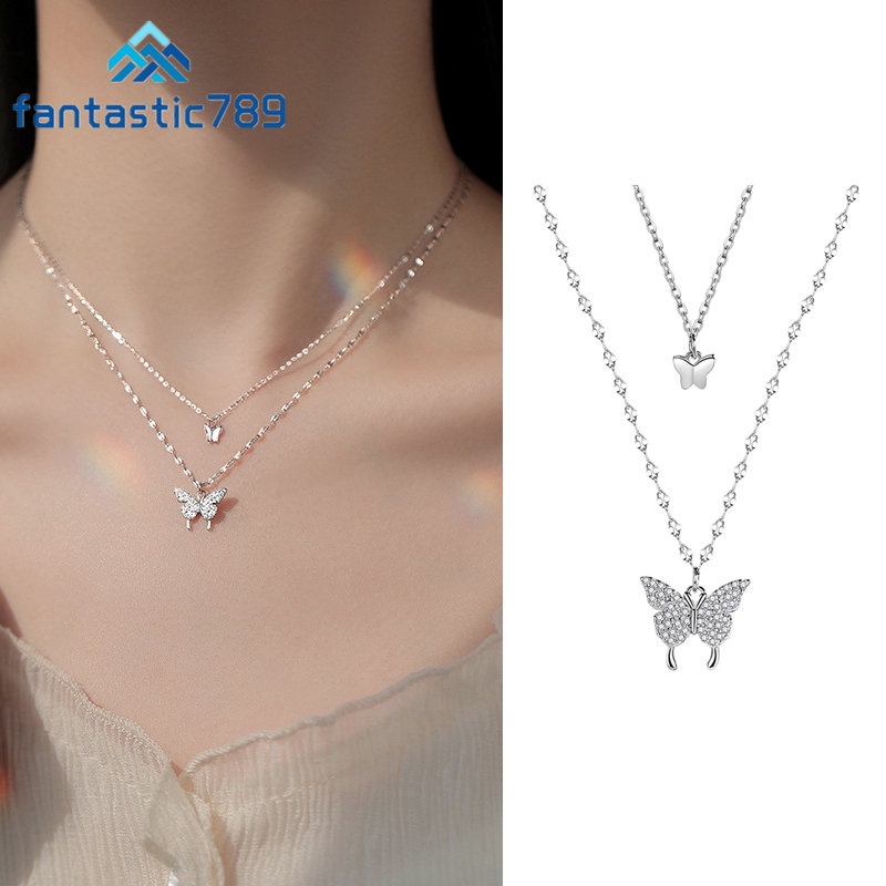 Vòng cổ Bạc Hai Lớp Fantastic789 Mặt Hình Bướm Đính Đá Pha Lê Phong Cách Hàn Quốc Cho Nữ