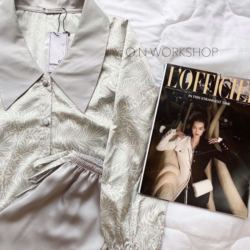 Set Pyjama cổ sen lụa in cao cấp