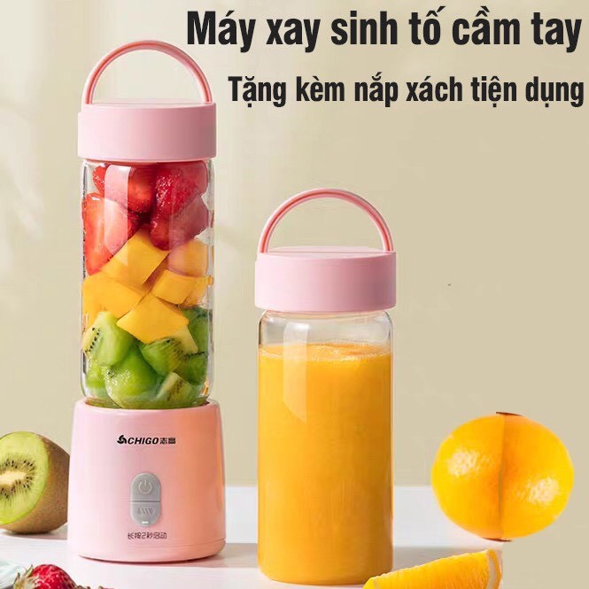 Máy xay sinh tố KANCHHI cầm tay mini xay đá hỏa quả thực phẩm sạc pin tích điện cốc thủy tinh 6 lưỡi dao inox 304 HB15