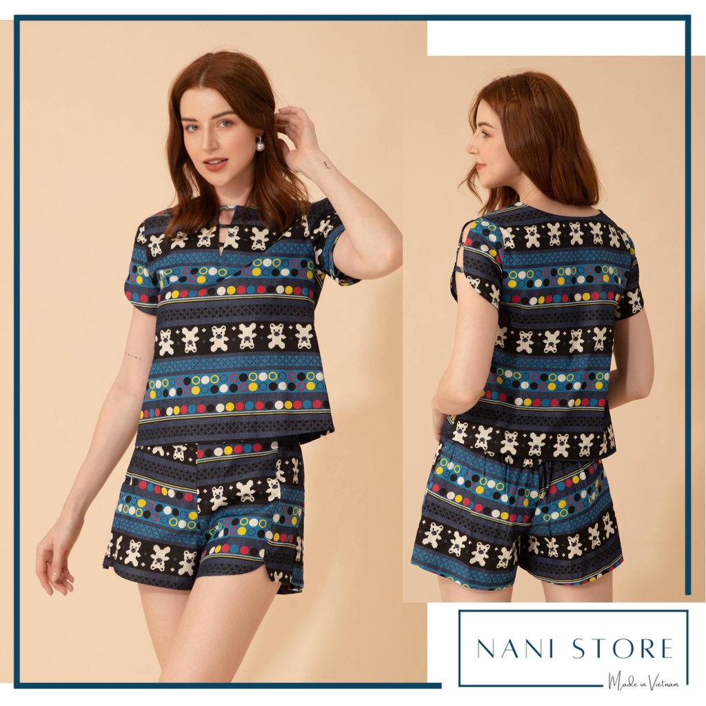 Đồ bộ ngắn nữ mặc nhà cotton giả jean cổ tròn gấu