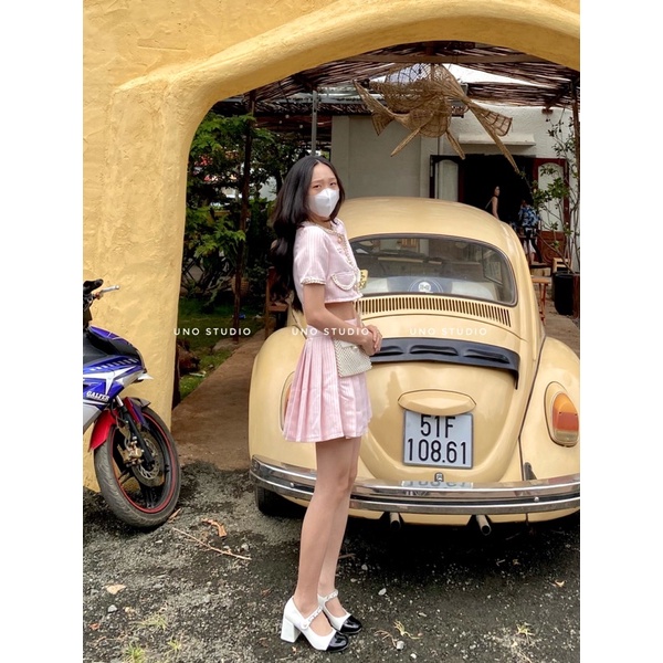 Set váy bố mềm hồng pastel áo croptop và chân váy xếp ly