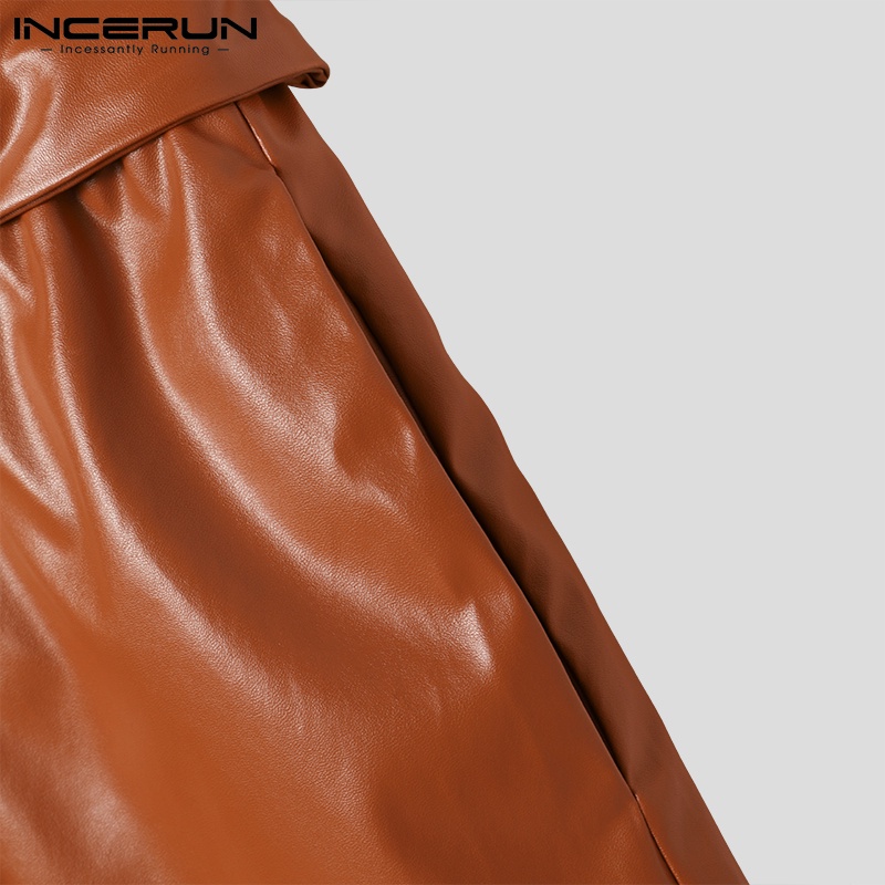 Quần short INCERUN bằng da ống rộng màu trơn eo co giãn buộc thắt lưng phong cách thường ngày cho nam