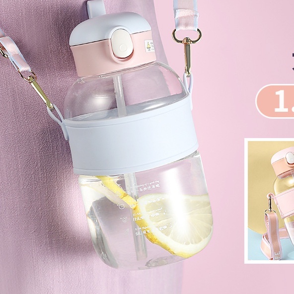 Bình Nước 1.2L Có Ống Hút Nhựa Cao Cấp Kèm Dây Đeo Tiện Lợi