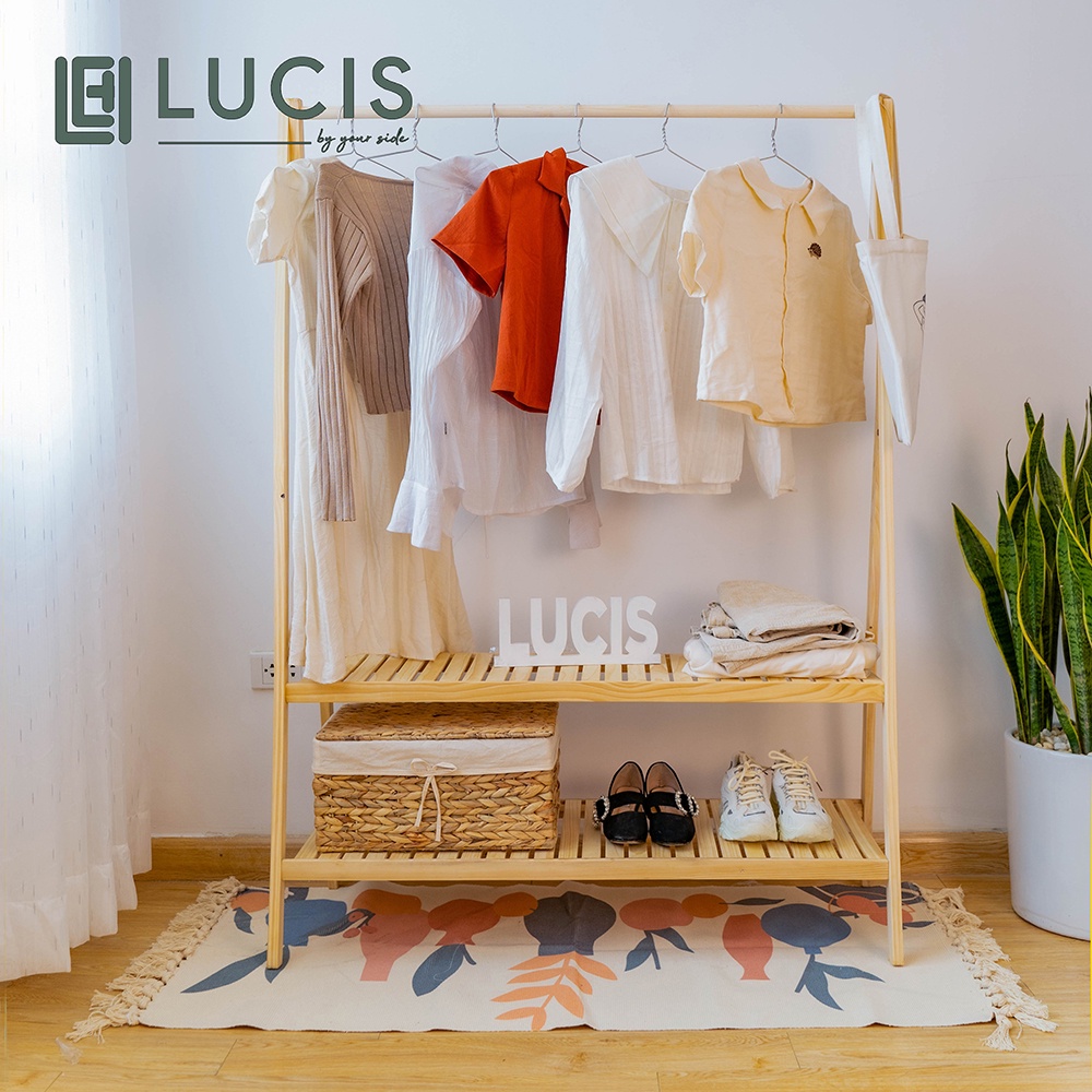 GIá treo quần áo chữ A decor kèm 2 tầng để đồ LUCIS size 106cm bằng gỗ
