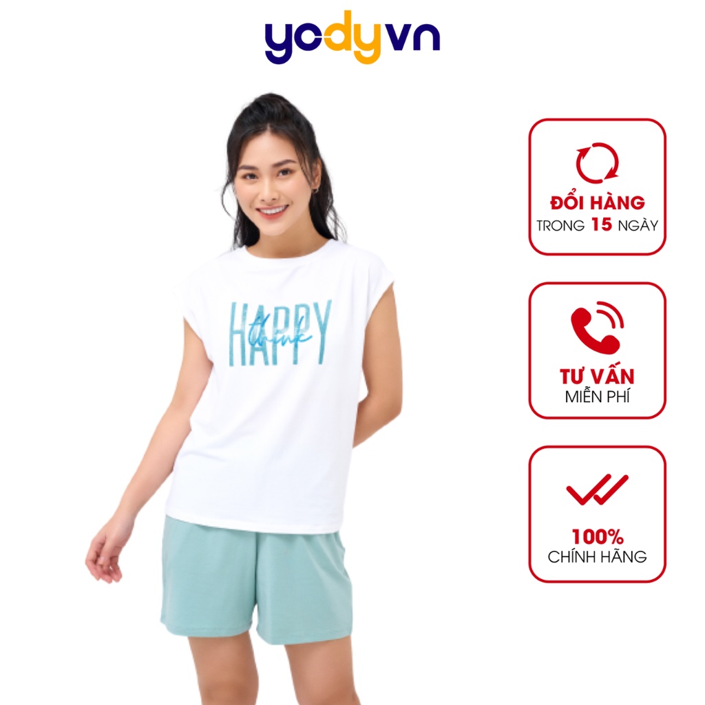 Bộ đồ nữ YODY áo thun cổ tròn in hình tay ngắn, quần đùi chất liệu cotton mát BDN5090