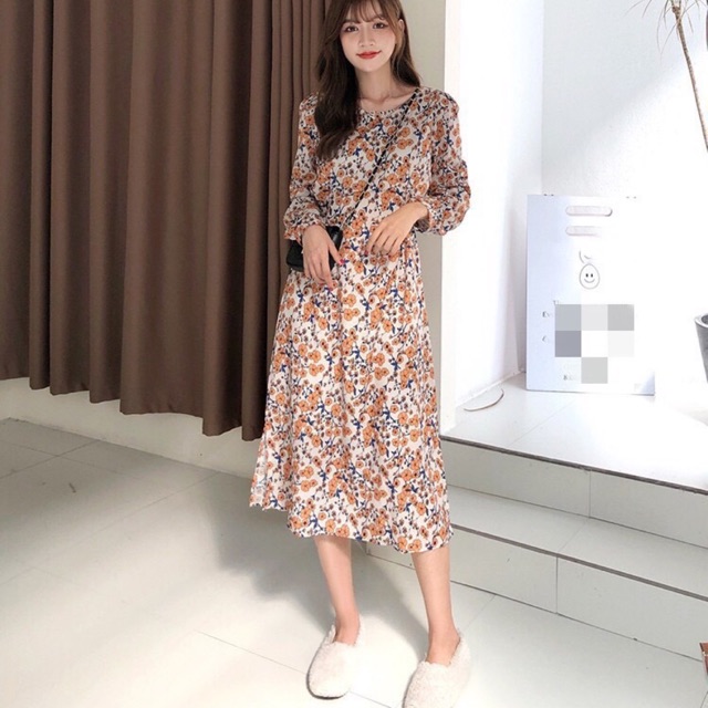 ĐẦM XÒE TIỂU THƯ HOA NÂU VINTAGE KT