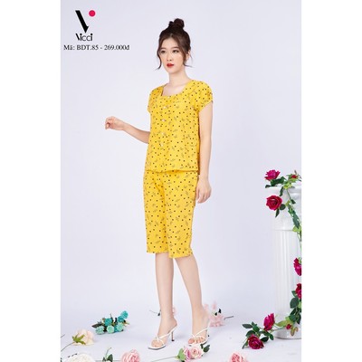 Bộ đồ mặc nhà đũi Vicci BDT.85 quần lửng áo cộc họa tiết nhiều mài