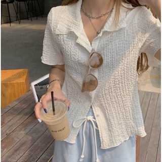 Sơ mi nhăn có cổ ngắn tay phong cách ulzzang Hàn Quốc