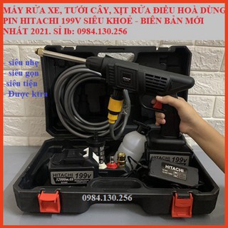 [BH1NĂM] Máy rửa xe dùng pin mini, Máy xịt rửa tăng áp Hitachi 199V áp lực cao 1400W [ bình tạo bọt]
