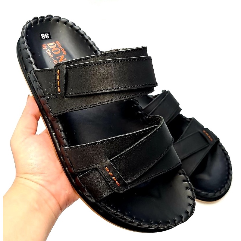 Dép 2 quai ngang đế lá cao cấp da bò, dép da bò xăng đan nam bảo hành 12 tháng shop kinson