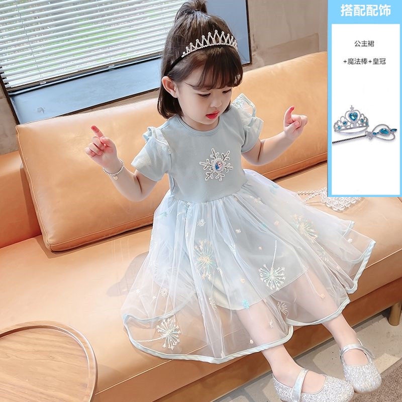 Đầm công chúa Elsa phối lưới tay bèo thời trang mùa hè cho bé gái