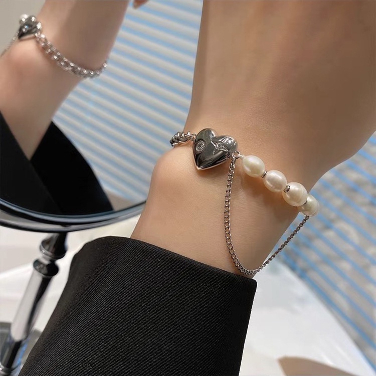 Vòng tay phối ngọc trai mặt hình trái tim đơn giản thời trang