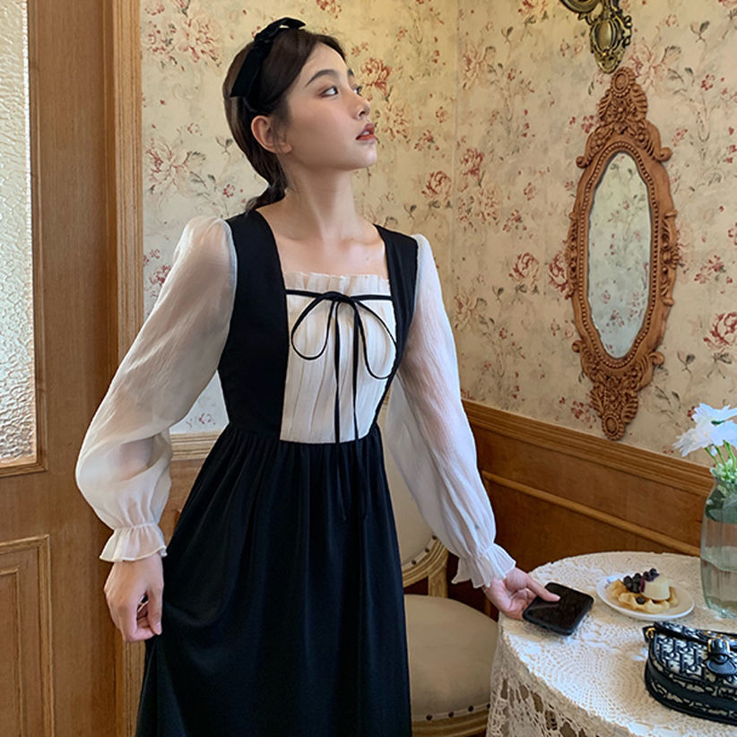 Đầm Midi Tay Dài Cổ Vuông Thời Trang Mùa Thu Cho Nữ