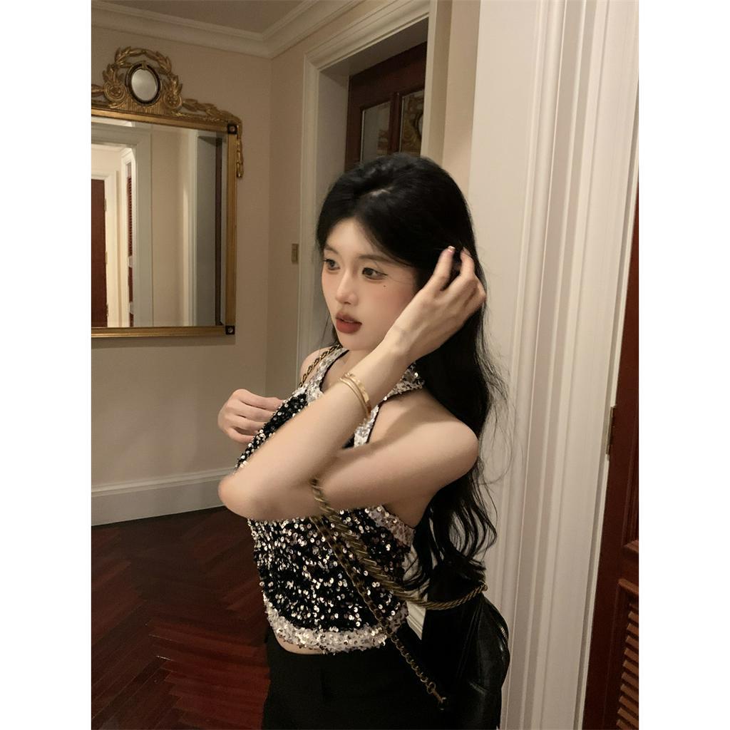 QADCOL Áo Hai Dây Đính Kim Sa Màu Đen Chất Lượng Cao Thời Trang Mùa Hè Cho Nữ