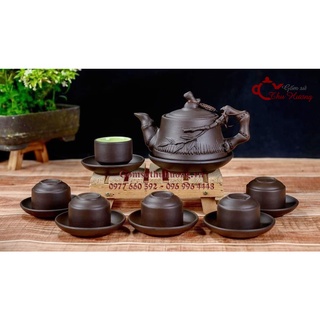 Ấm chén Bát Tràng_Bộ bình trà gốm Cành trúc đắp nổi