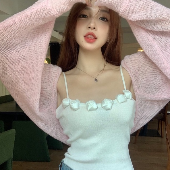 【ZHELIHANGFEI】 / Áo Hai Dây Dệt Kim Họa Tiết Hoa Hồng Ba Chiều Gợi Cảm