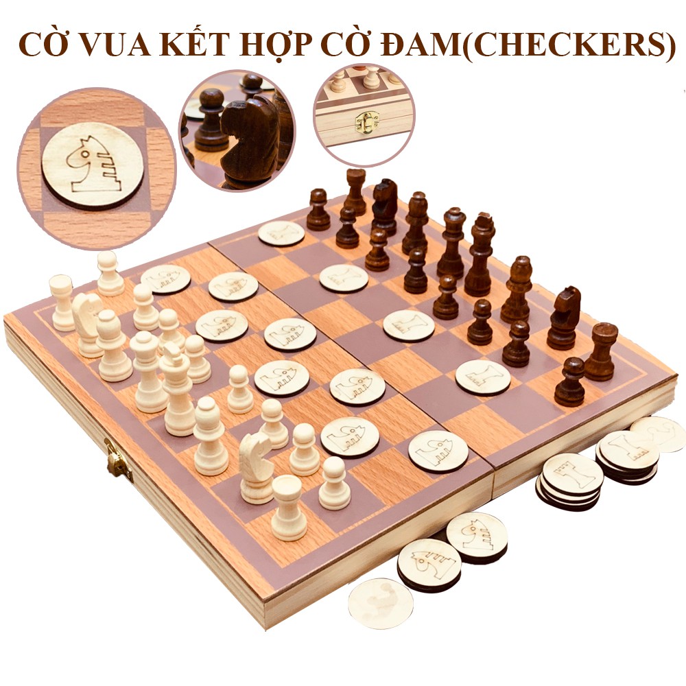 Cờ Vua Tiêu Chuẩn Quốc Tế Kết Hợp Cờ Đam Checker Board Game Chiến Thuật Có Hộp Đựng Kiêm Bàn Cờ