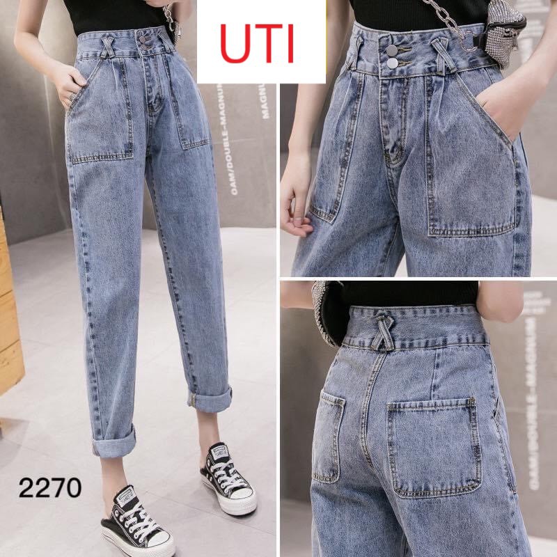 [ BẢN NGÃ ] QUẦN BAGGY JEAN NỮ LƯNG CAO 2 NÚT 2 TÚI TRƯỚC ĐĨA CHÉO MÀU XANH NHẠT LAI CUỐN CAO CẤP UTI SIZE S, M, L RỘNG