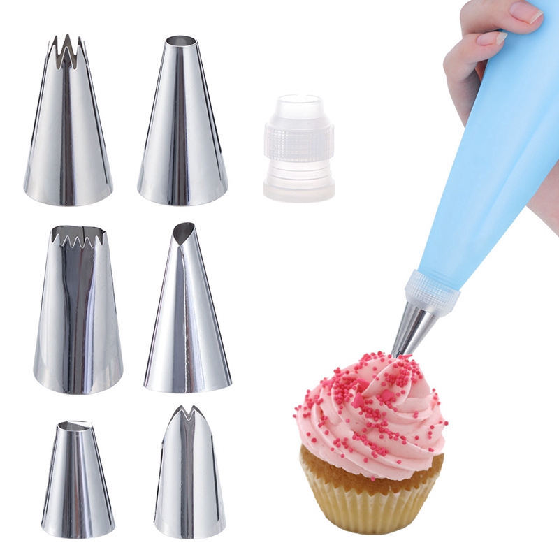 8pcs/ a set túi silicone + 6 đuôi bắt bông kem trang trí bánh làm bằng inox DIY