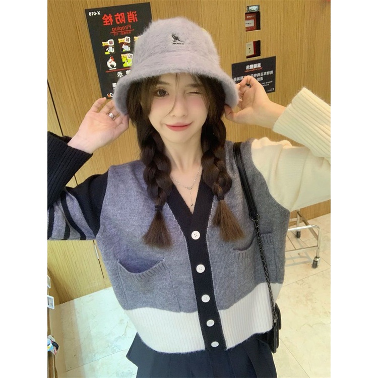 Áo Khoác Cardigan Cổ Chữ V Họa Tiết Kẻ Sọc Màu Sắc Tương Phản Thời Trang Thu Đông Cho Nữ