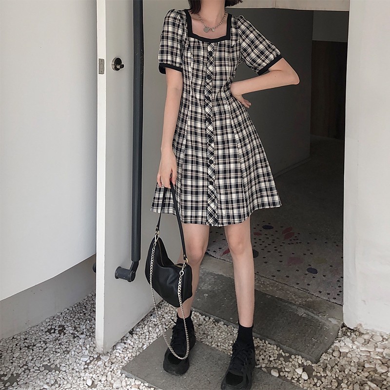 Xiaozhainv Đầm Tay Ngắn Dáng Chữ A Cổ Vuông Họa Tiết Caro Thanh Lịch Dành Cho Nữ | BigBuy360 - bigbuy360.vn